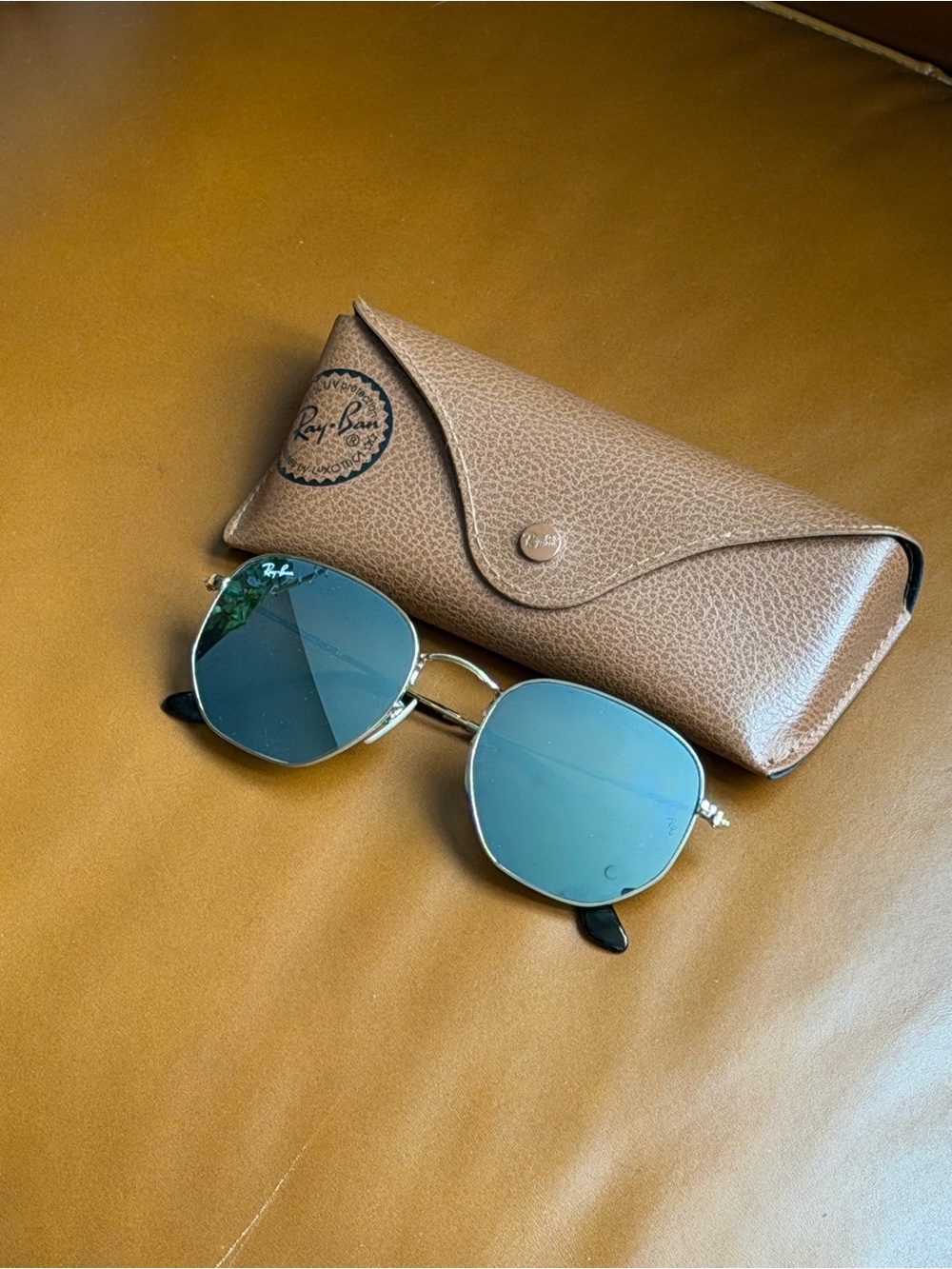 Ray-Ban Hexagonal Gold Frame Sunglasses with Blue Mirror Lenses
